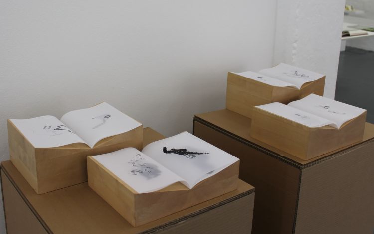 Click the image for a view of: Jonah Sack. Artist's books (installation view). 2014. Ink on transparent paper, hand-sewn
